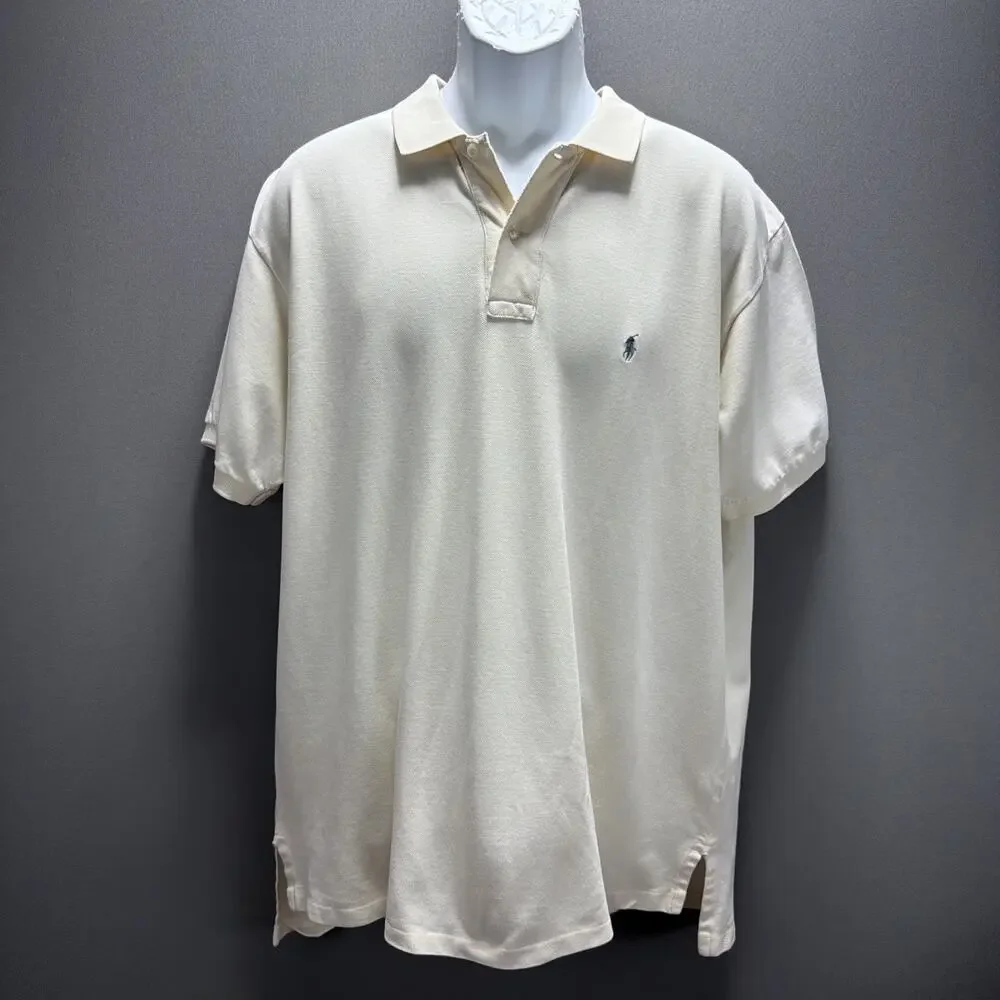 Vtg Polo Ralph Lauren Short Sleeve Cream Mesh Logo Polo Shirt Men’s Sz XL